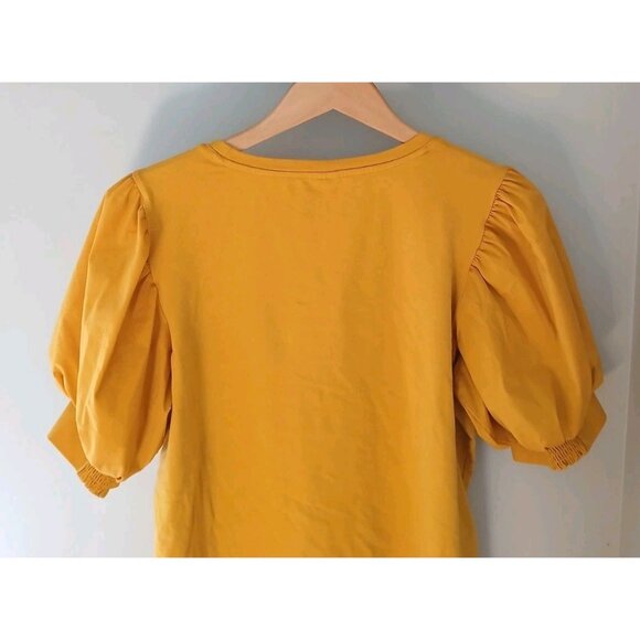 Chico's Puff Sleeve Top Size 2 Large Golden Yellow Cotton S/S Casual Mixed Media - Picture 8 of 9